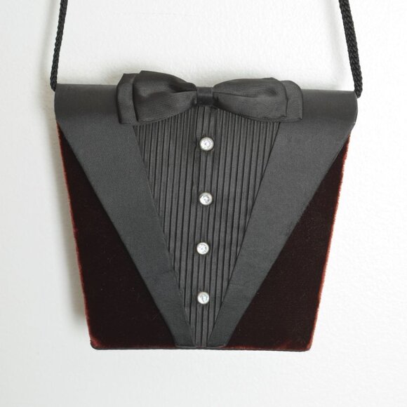 vintage 80s TUXEDO purse black velvet satin evening hand bag bow long strap - Picture 3 of 8